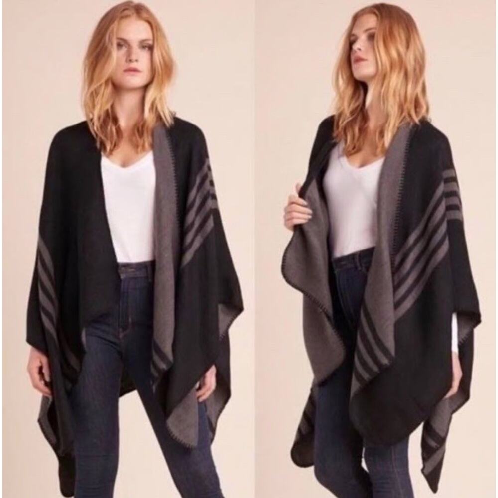 BB Dakota Cape Shawl Sweater Poncho Gray Black Reversible fall winter cozy comfy